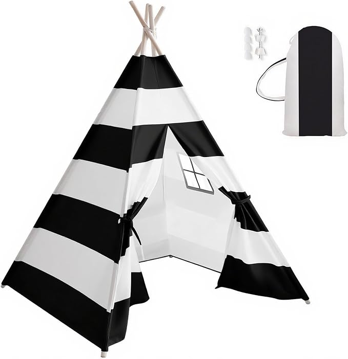 Teepee Tent for Kids with Carry Bag, Washable Playhouse for Indoor Use, Ideal Play Tent for Girls and Boys, Stripe Black