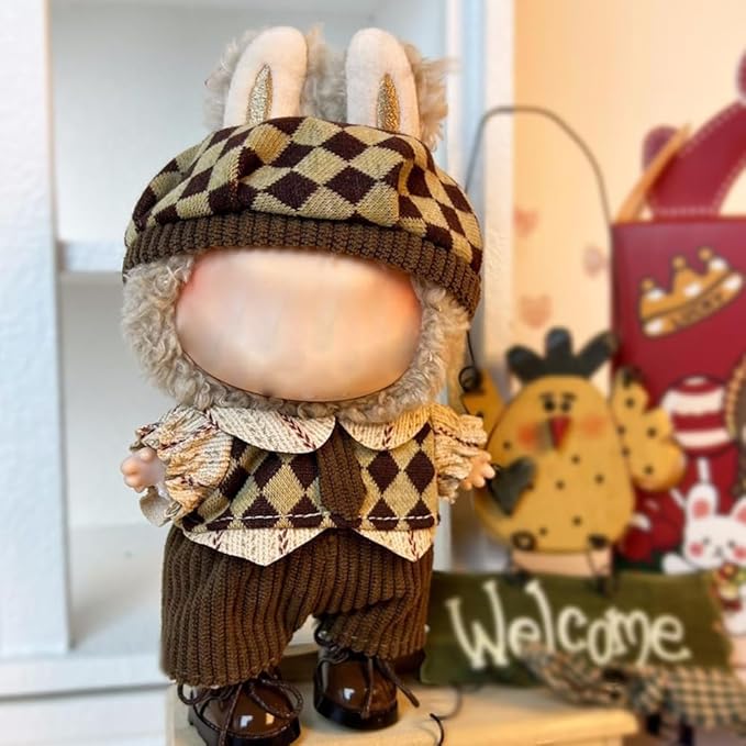 17cm Clothes Set, Cute Hat Unique Pocket Design Overalls Dress up Set(NO Doll), Handmade Clothing Designed for 17cm Doll (Brown Set 1)