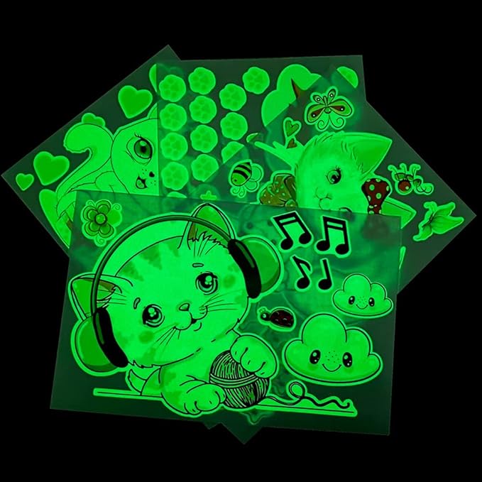 Glow in The Dark Stars for Room,Cats Glowing Wall/Ceiling Decals, Kitten Butterflies Stickers for Kids Bedroom, Clouds Bees Luminous Wall Decor for Boy and Girl Living Room