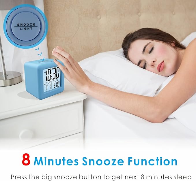 Plumeet Digital Alarm Clock Kids Clock with Snooze and White Nightlight - Easy Setting Travel Alarm Clocks Display Time, Date, Alarm - Ascending Sound - Battery Powered (Baby Blue)