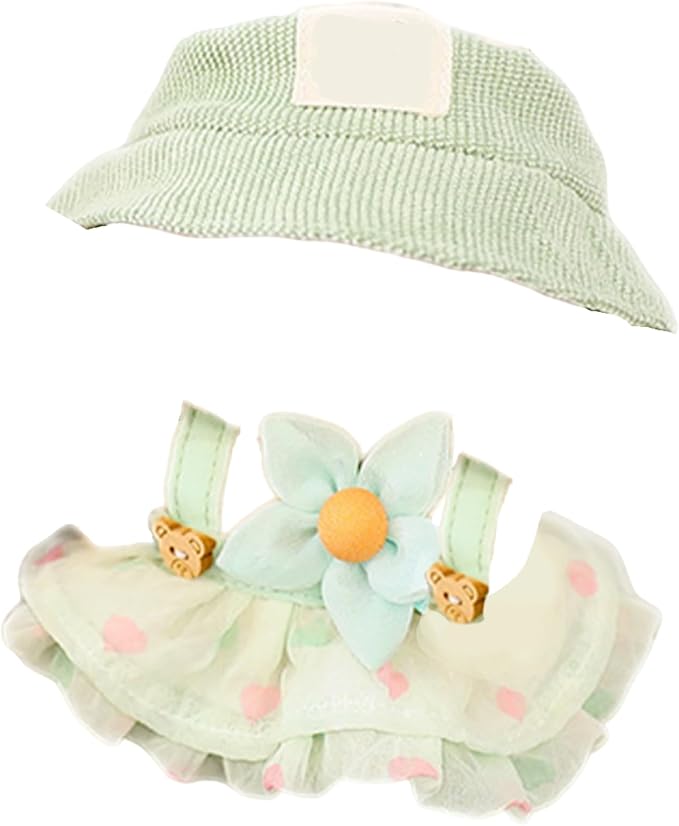 Clothes for 17cm Doll (Clothes Only) – 3-Piece Outfit Set with Hat, Green Dress and Flower Accessory for an Adorable Dressed-Up Look – 17cm Doll Accessories