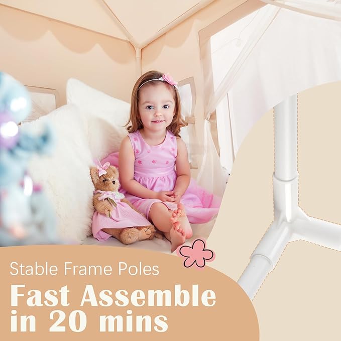 Kids Play Tent with Non-Slip Mat, Star String, Decorating Flag, Machine Washable Large Playhouse, Indoor and Outdoor Play Tent for Kids, Cream, 47" x 40" x 52"