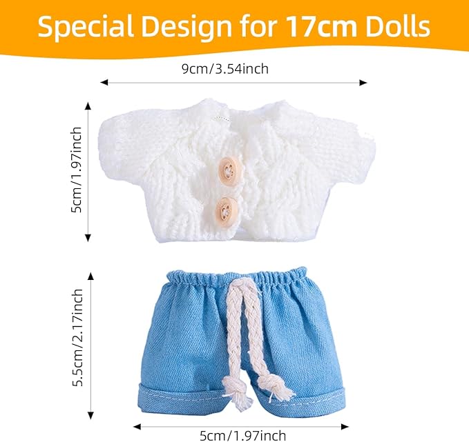 17cm Doll Clothes Set, Premium Jeans & Knitted Sweater Outfit for 17cm 15cm Dolls, Cute Dress Up Fashion, No Doll Included (White, 17cm/15cm)