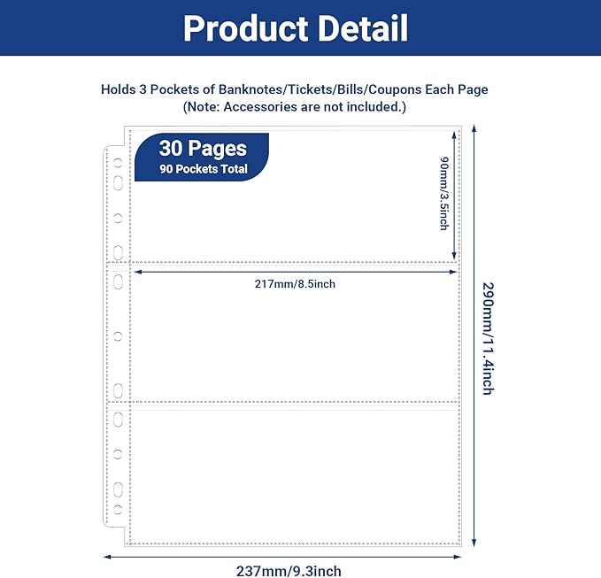 90 Pockets Acid Free Currency Sleeves, Non Stick and Non Glare Dollar Bill Sleeves for Collecting Cash, Banknotes or Coupons, Fit for 3 Ring Binder Currency Album, 30 Pack