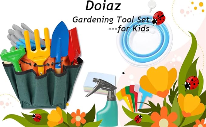 Kidz Gardening Tool Set – Gardening Tools Kit Includes Shovel, Rake, Fork Trowel, Children'z Garden Kit with Sun Hat, Apron, Gloves, Tote Bag, Sprayer and Bucket, Outdoor Play Toyz Gift for Kidz