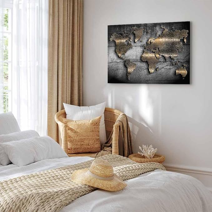 artgeist Canvas Wall Art Print World map 24x16 in - 1pcs Home Decor Framed Stretched Picture Photo Painting Artwork Image Prints map Continents Modern Art Black Gold Abstract k-A-0498-b-a
