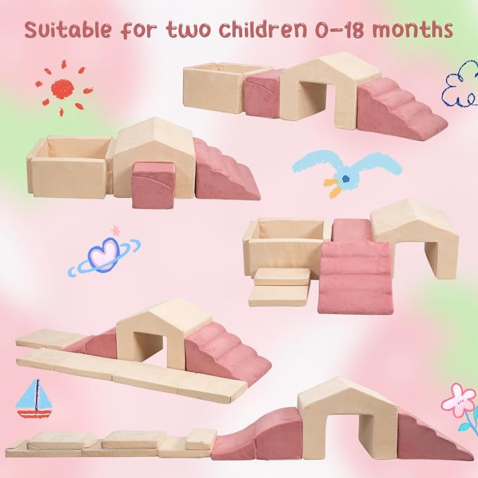 Foam Climbing Toys for Toddlers, 6PCS Climb and Crawl Activity Playset, 5 in 1 Soft Crawling Climbing Blocks Indoor, Toddler Play Climbing and Ball Pit with Slide Stairs and Ramp