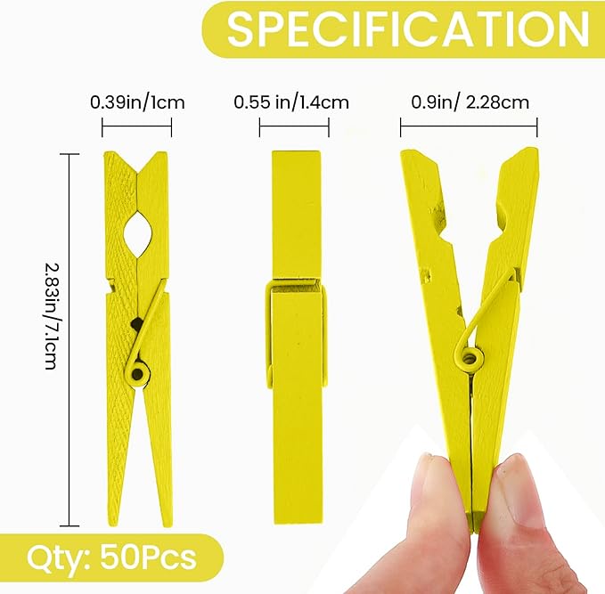 50PCS Colored Wooden Clothespins, 2.9inch Yellow Clothes Pins for Clip Pictures Photos Decorative, Small Colorful Wood Decoration Closepins Clips