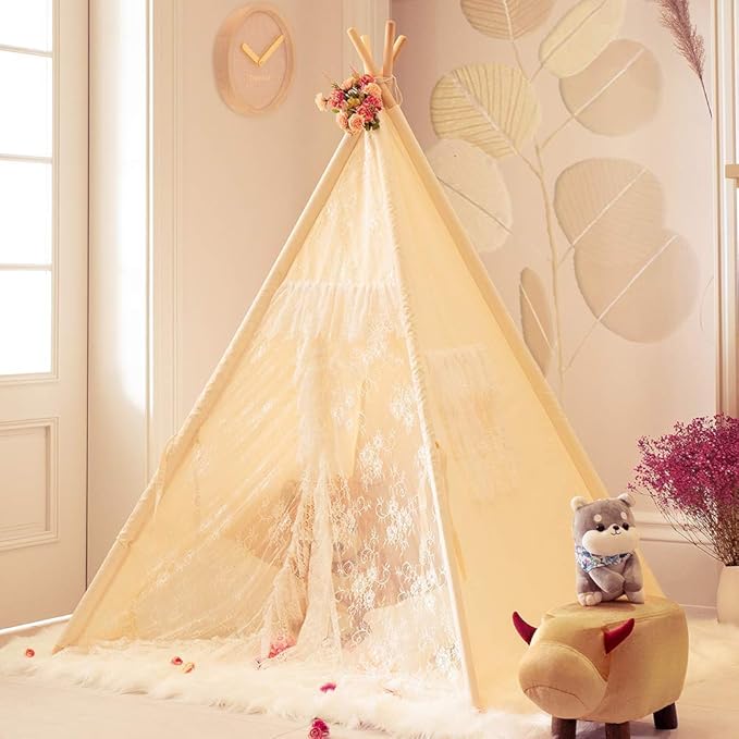 Lace Teepee Tent for Girls Tipi Tent Ivory Canvas Classic Play Tent Play House Indoors for Kids Room Décor