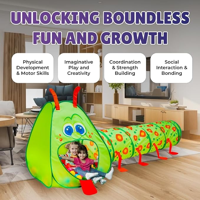 Kiddey Caterpillar Kids Play Tunnel & Tent – Toddler Crawl Tunnel + Play Tent, Pop-Up Indoor/Outdoor Ball Pit Playset (Balls Not Included), Folds Flat for Storage