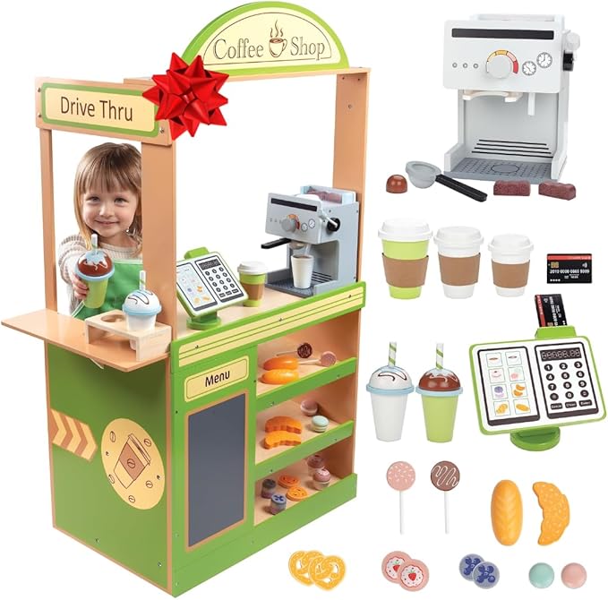 Pretend Coffee Shop Wooden Playset- Drive Thru Window Holiday Fun- Frappuccino, Straws, Espresso Maker, Bread, Pastries, Rotating Cash Register, Coffee Cups, Apron- 25+ Play Pieces Kids Xmas Gift
