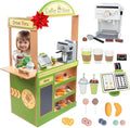 Pretend Coffee Shop Wooden Playset- Drive Thru Window Holiday Fun- Frappuccino, Straws, Espresso Maker, Bread, Pastries, Rotating Cash Register, Coffee Cups, Apron- 25+ Play Pieces Kids Xmas Gift