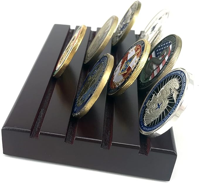 Glamtune 4 Rows Coin Holder,Challenge Coin Display Stand Rack Military Coin Holder (Wood )