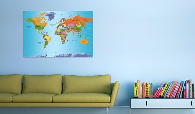 artgeist Pinboard World Map 35x24 in - Cork Board & Canvas Print Wall Art 1 pcs Memoboard with 50 Pins Noticeboard Message Board Image Picture Home Decor Travel Map k-A-0104-p-d
