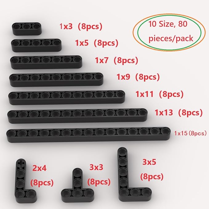 Liftarms Thick Bulk Assortment Pack, 80 Black Liftarms Beams with 10 Sizes, Compatible with Lego Parts and Pieces