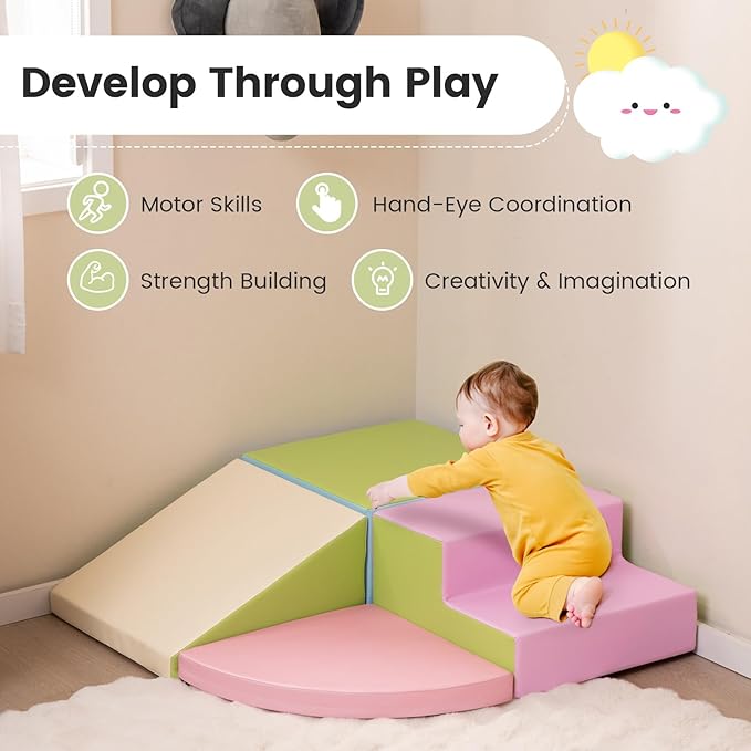 Costzon Climbing Toys for Toddlers, 4 Pieces Climb and Crawl Foam Kids Building Blocks for Children Development & Indoor Active Play, Soft Play Set for Newborn Infant Baby (Light Green & Blue & Pink)