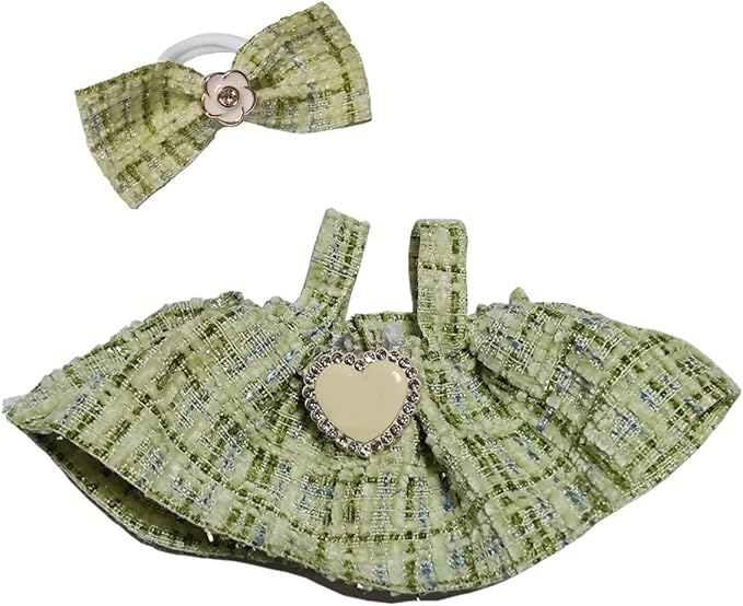 17cm Doll Clothes - Luxury Chic Style Set for labubu 5.91-6.7“ (15-17cm) Dolls, Cute Premium Fashion Doll Outfit with Accessories - Light Green Plaid Tweed Dress +Plaid Bow