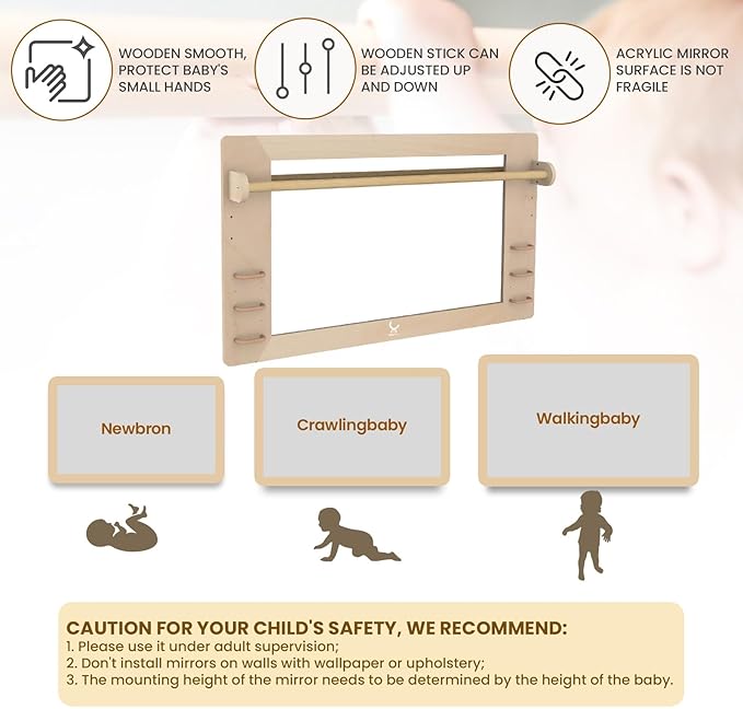 XIHAToy Coordination Mirror Montessori Wooden Toddler Mirror Safety Shatterproof Mirror Acrylic Non-Glass Early Learning to Walk Mirror with Handle, XH-MTM-2