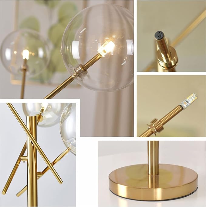 KCO Lighting Modern Gold Table Lamp 3-Light Glass Globe Night Lamp Mid Century Antique Brass Indoor Bubble Shade Standing Lighting Metal Desk Light for Bedroom Study Room Hotel