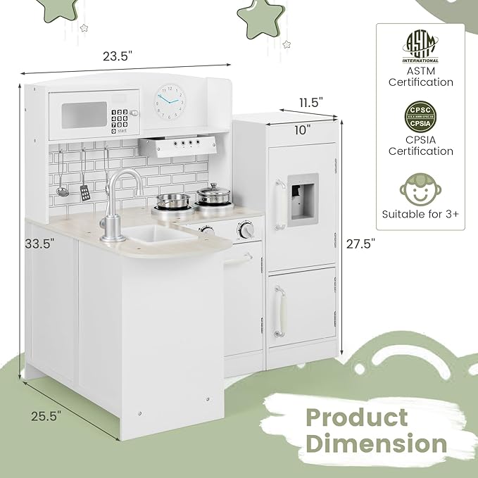 Costzon Corner Kids Kitchen Playset, 8-in-1 Wooden Toy Kitchen Set with Realistic Microwave, Oven, Stove, Refrigerator, Range Hood, Pretend Play Kitchen for Toddlers Boys Girls