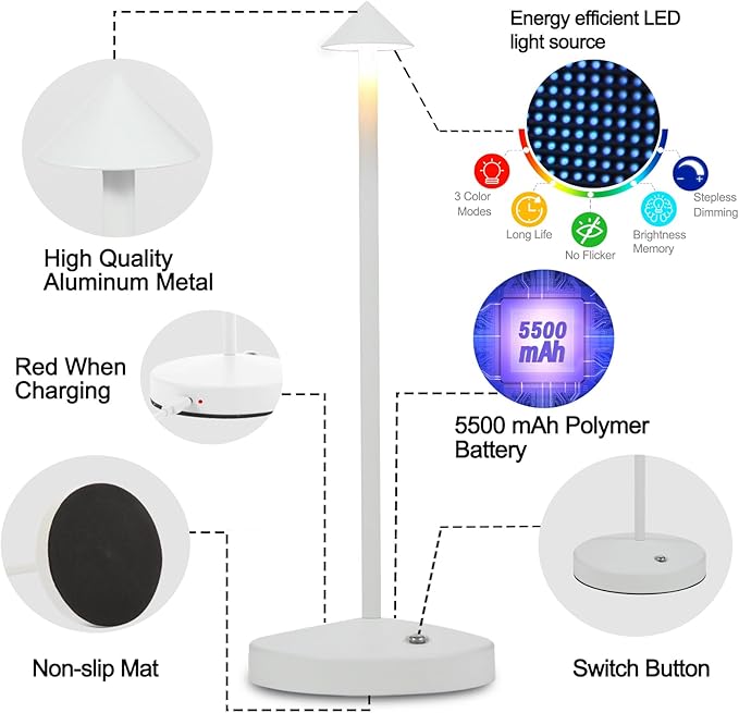 Portable LED Cordless Table Lamps 2 Pack, 5500mAh Rechargeable Battery Operated Restaurant Table Lamp, 3 Colors Mode Stepless Dimming Night Light for in/Outdoor