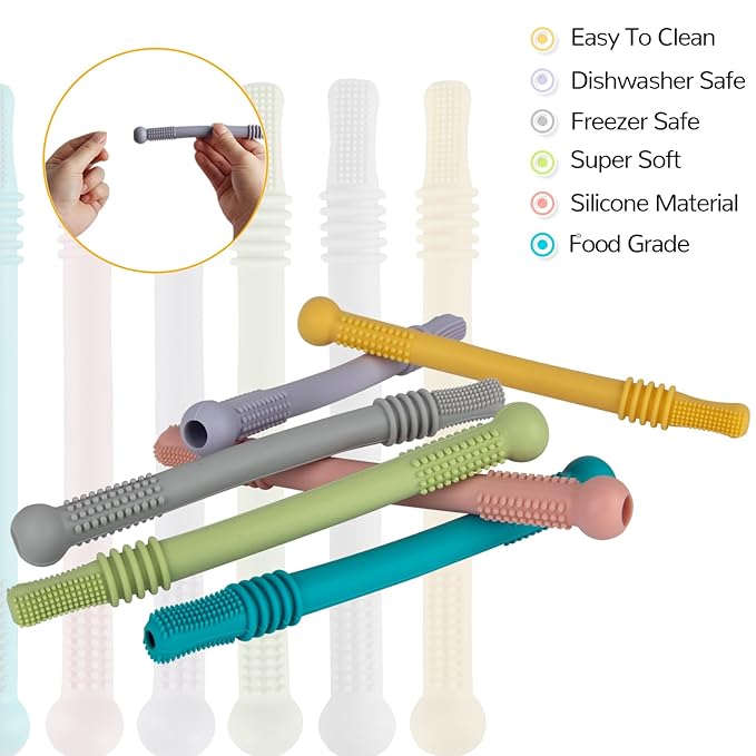 Fu Store Hollow Teether Tube Chew Straw Sensory Toy for Infant Toddlers Silicone Tubes Teething Toys for Babies 18-36 Months Gifts Learning Developmental Toys BPA Free Freezable 6 Pack