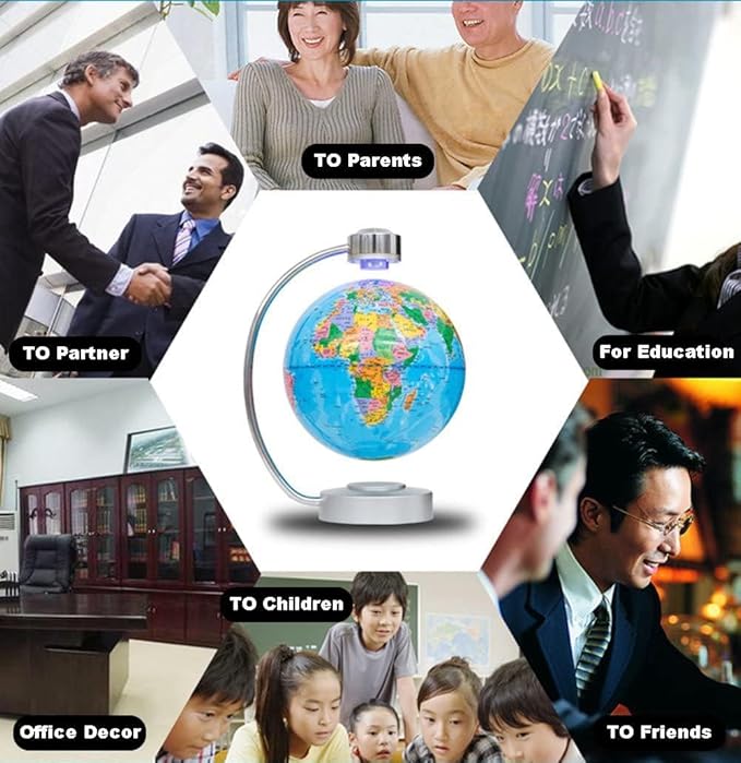 Magnetic Floating Globe, 8" (20cm) World Globe Political Map in English with Touch Controlled Nightlight for Decorative, Business, Education Gifts (Blue)