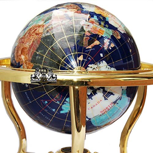 Unique Art Since 1996 14" Tall Blue Lapis Ocean Gemstone Globe with Tripod Gold Stand