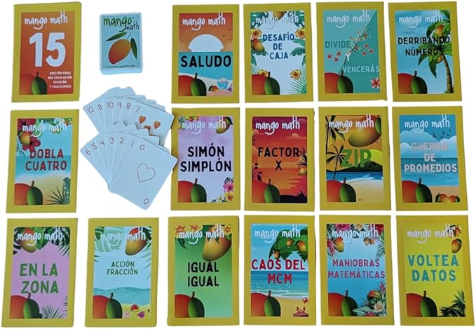 MANGO Math 15 Pack - Math Flash Cards - Educational Math Games for Kids - Multiplication, Division, Fractions Games & Learning Kit -2nd 3rd 4th Grades - Kids 6-12 - Set of 15 Games - Spanish Version