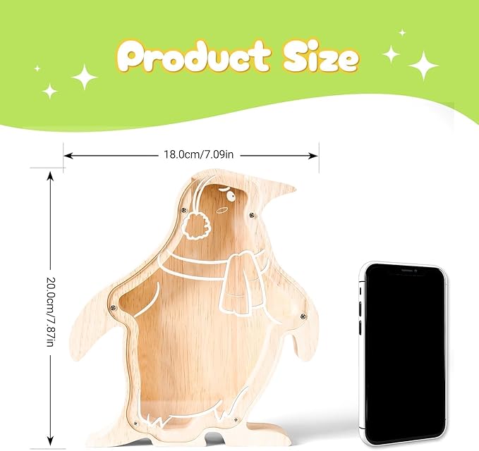Wooden Penguin Piggy Banks for Kids Money Coin Bank, Cute Unbreakable Piggy Bank Kids Safe Money Box, Toddler Birthday Baptism Gifts for Girls Boys Penguin Lovers, Small