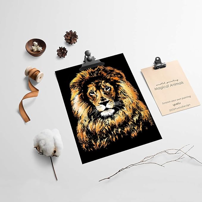 Scratch Art for Kids & Adults, Rainbow Engraving Painting Landscape Scratchboard(A4) Crafts Set: 8 Sheets Scratch Cards with 4 tools - Unicorn/Flamingo/Cat/Deer/Lion/Tiger/Leopard/Wolf(Animal Series)