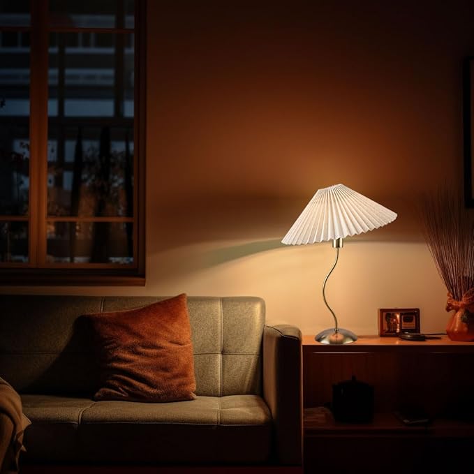 KUNJOULAM Small Pleated Table Lamp, Bedside Nightstand Lamp with Beige Lampshade, Morden Mini Lamp for Bedroom Home Office Decor, E12 Bulb Included