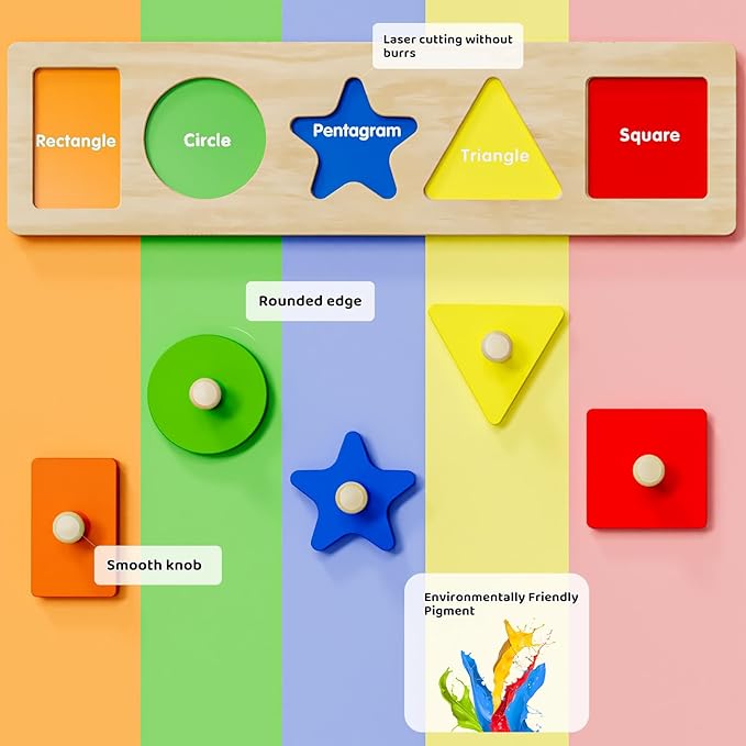 First Jumbo Knob Wooden Shape Puzzles for Toddlers 1-3,Montessori Shapes Sorter for1-2 Year Old,Preschool Learning Peg Puzzle Toys for Baby Kids,1-2 Year Old Boy Girl