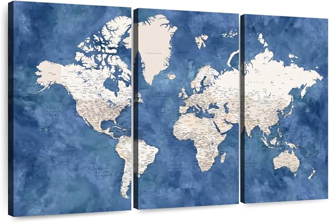 ElephantStock Detailed World Map With Cities I Wall Art - Horizontal Canvas - 3-Piece Living Room Decor - Watercolor Map Canvas Print - Beige and Blue Wall Decor by Blursbyai - 65" X 42"