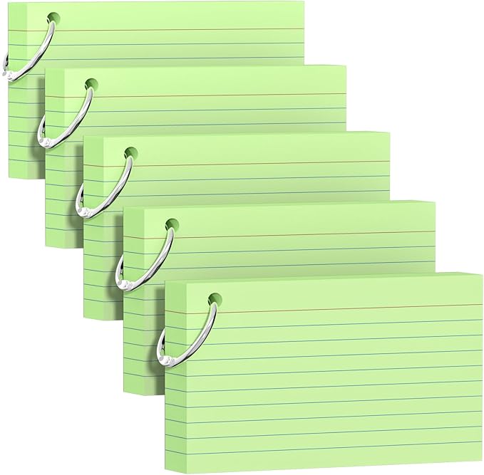 250 Count Green Index Cards 3x5 Inch with Key Ring, Color Flash Index Card (50 Sheets Each), Durable & Portable Note Taking for Students, Teachers, Study Note Cards for Office Home School