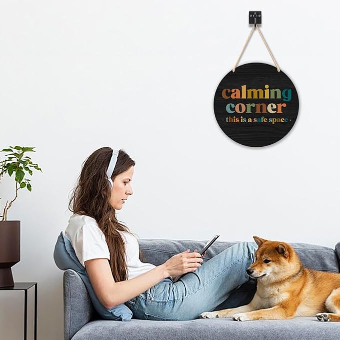Calming Corner Hanging Wood Sign Plaque - Safe Space, Classroom Decor, School Counselor Office, Calm Down Corner Decorations, Boho Decor, 10x8 Round Black