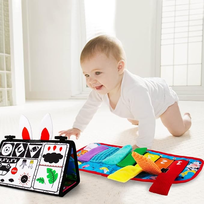 Tummy Time/Baby Mirror Toys, Black and White High Contrast Tabletop Mount Baby Newborn Toys 0 3 6 Months Brain Development, Sensory Texture Piano Infant Toys 0 3 6 Months with Squeaker