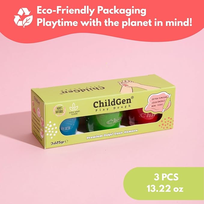 Natural Play Dough Set, Non-Toxic, Super Soft, Long Lasting Playdough, Modeling Dough, Kids Arts & Crafts, Preschool Toys, 3-Pack of 4.5-Ounce Cans (Green, Red, Blue)