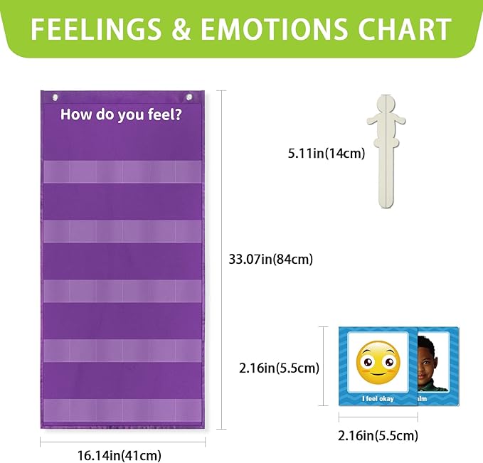 Boczif Emotions Feelings Pocket Chart for Classroom Chart with 24 Cards for Preschool Teacher, Daycare Decor, Social Emotional Learning Activities, Calm Down Corner Supplies (Purple)