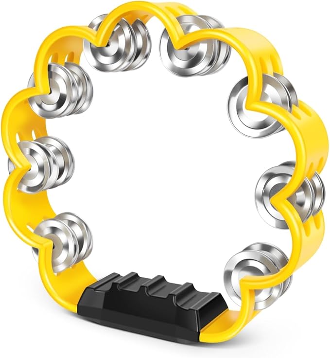 Flexzion Flower Tambourine - 8 Inch Handheld Percussion Instrument w/Metal Jingles & Ergonomic Grip - Small Tambourines for Adults, Kids, Church, Parties, & Musical Events (Yellow)
