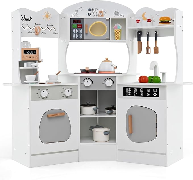 Costzon Corner Play Kitchen, Wooden Kids Kitchen Playset with Lights & Sound, Coffee Maker, Washing Machine, Oven, Microwave, Toddler Toy Kitchen for Pretend Play, Gift for Boys Girls 3+ (White)