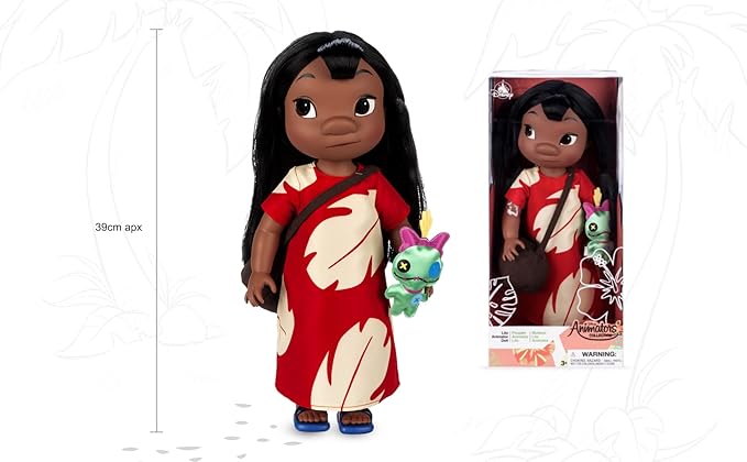 Disney Store Girl's Animators' Collection Lilo Doll – Lilo & Stitch – 16 Inches - Scrump with Molded Details, Fully Posable Toy in Satin Dress - Suitable for Ages 3+ Toy Figure