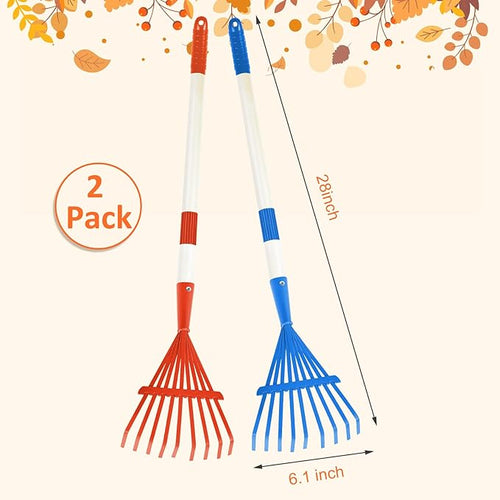 2PCS Kids Rakes for Leaves, 28" Child Size Garden Yard Rake Childrens Lawn Rake Toddler Leaf Rakes Blue Red Metal Head with Detachable Hardwood Handle Great Gardening Tools for Boy Girl