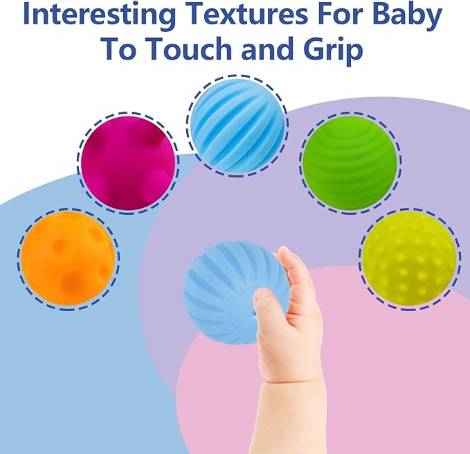 Baby Textured Multi Ball Set, 6pcs Colorful & Bright Child Touch Hand Ball Toy Infant Sensory Balls Massage Soft Ball, 6-12 Months Baby Learning Grasping Soft Sensory Toys for Kids Gift