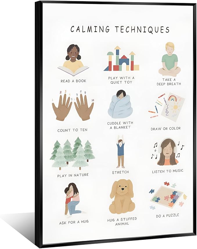 Feelings Calming Techniques Canvas Wall Art Calming Corner Classroom Mental health Posters Boho Emotions Chart for Kids Prints Special Education Wall Decor for Office School 20x30in BlackFramed