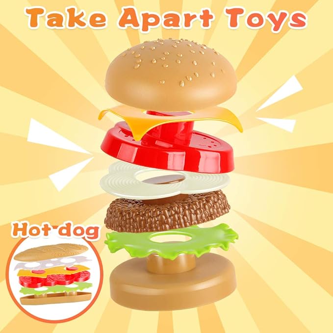 Fast Food Set - 59 PCS Kitchen Toy Set for Pretend Play, Kids Toddlers Play Accessories, Removable Food, Party Favor Christmas Stocking Stuffers