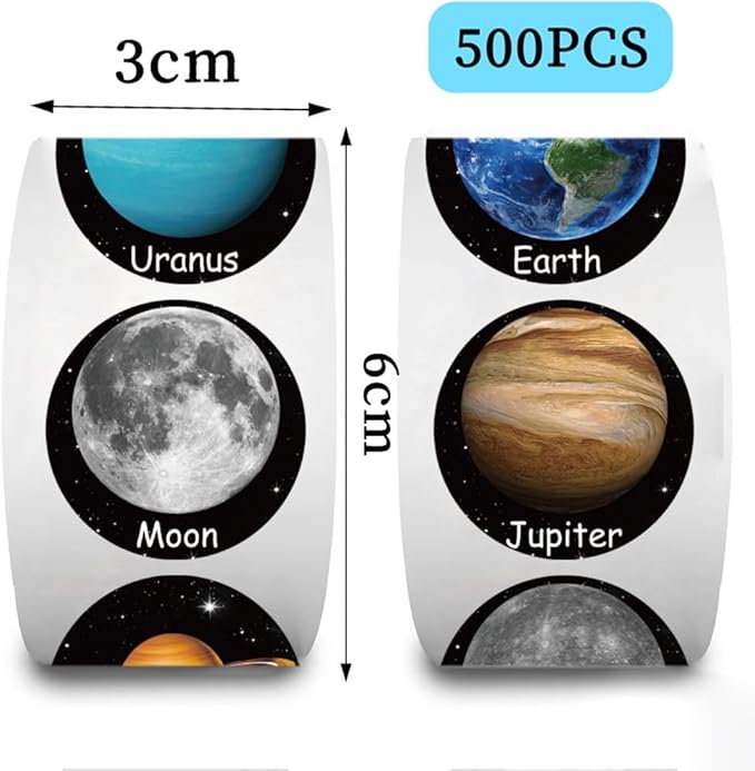 500pcs Cartoon Planet Stickers, 1 Inch Self-Adhesive Cartoon Planet Decals Cool Stickers Planet Stickers Roll for Envelope Books Laptops Bottles Crafts Supplies