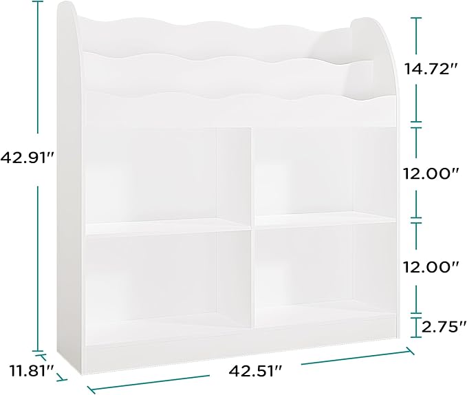 MHOM White Kids Bookshelf, Toy Storage Organizer with Book Rack and 4 Storage Cubbies, Wooden Kids Bookcase, Toy Organizers and Storage for Nursery, Playroom