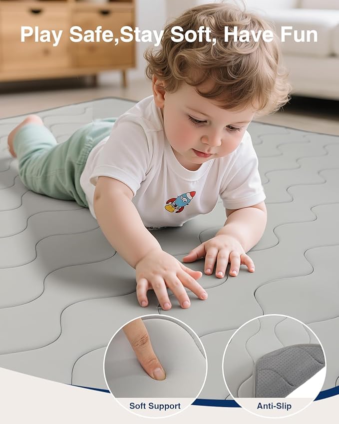 Baby Play Mat for Floor,47x47 Playpen Mat,Soft Crawling Playmate for Tummy Time and Travel,Washable&Easy Storage,Non-Slip Foam Floor Mats for Toddlers' and Infants' Play or Relax(Grey)