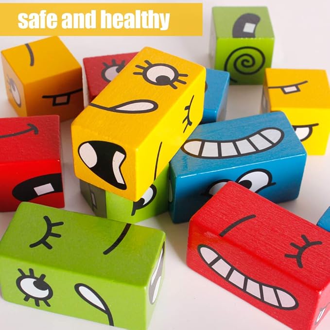 Wooden Expressions Matching Block Puzzles Building Cubes Toy Borad Games Educational Montessori Toys for Kids Ages 3 Years and Up